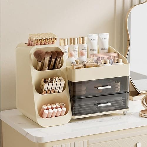 KQJS Makeup Organizer with Drawers,Large Capacity Countertop Organizer for Vanity,Bathroom and Bedroom Desk Cosmetics Organizer,Easy To Storage Skincare,Brushes, Eyeshadow, Lotions, Lipstick (Cream) thumbnail 4