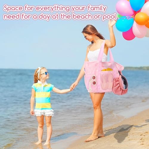 Tagitary Mesh Beach Bag with Zipper Large Beach Tote Waterproof Sandproof with 8 Pockets for Toys Pool Bag Beach Accessories thumbnail 7