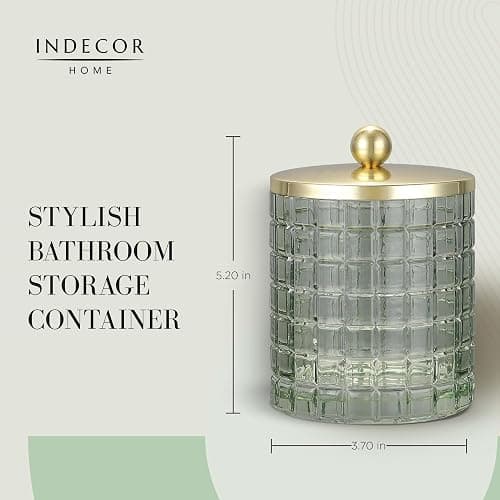 Indecor Home Sage Colored Tranlucent Apothecary Etched Geometric Grid Glass Jar W/Gold Metal Lid Cover for Bathroom Organization, Cotton Balls, Q Tips, and Small Accessories, Bathroom Storage thumbnail 3