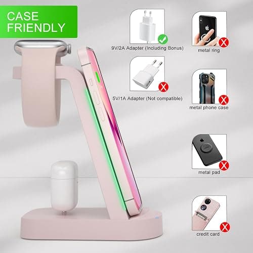 Chargeur Induction 3 en 1,INNISTO Chargeur Rapide Chargeur Induction Chargeur Station Compatible avec iPhone 16/15/14/13/12 Pro/Pro Max,Apple Watch Ultra/10/9/8/7/SE/SE2/6/5/4/3 AirPods321/Pro1 Rose thumbnail 3