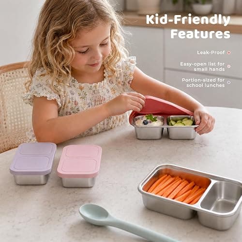 EC-Gaze 3 Pack Stainless Steel 2-Compartment Snack Containers, 8.4 oz | Reusable Snack Containers with Silicone Lids, On-the-Go Snacking, Meal Prep, School Lunches, Daycare and Travel thumbnail 2