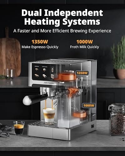 AIRMSEN 20 Bar Espresso Machine with Automatic Milk Frother, Cappuccino & Latte Coffee Maker with Quick Brew Dual Boiler (1350W + 1000W), Stainless Steel, 60oz Water Tank, Touchscreen thumbnail 3