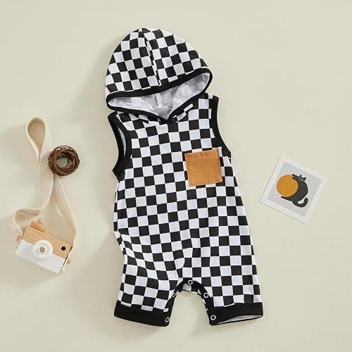 Karesoull Newborn Boy Checkered Outfit Baby Sleeveless Hooded Romper Jumpsuit Cute Summer Clothes thumbnail 2