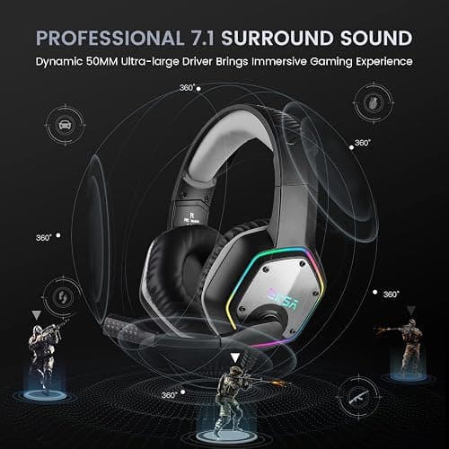 EKSA E1000 USB Gaming Headset for PC, Computer Headphones with Microphone/Mic Noise Cancelling, 7.1 Surround Sound, RGB Light - Wired Headphones for PS4, PS5 Console, Laptop, Call Center thumbnail 3