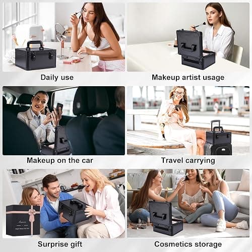 Makeup Box with Led Mirror,Travel Train Hard Case with Rechargeable Lighted Mirror Adjustable Dividers,Cosmetic Organizer Storage Bag for Makeup Artists,Appropriate Gift for Women and Girls,Black thumbnail 7