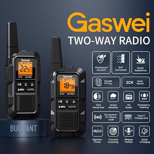 Gaswei G2pro+ IP67 Waterproof Floating Walkie Talkies with Headset, FRS Heavy Duty Walkie Talkie Long Range with Double PTT,FM Radio,VOX,SOS,NOAA Weather, Two Way Radio（2PACK-Black） thumbnail 4