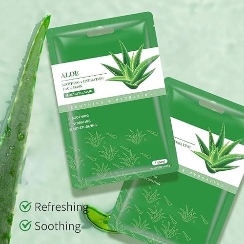 Aloe Vera Soothing Mask Hydrating Face Masks Skincare Moisturizing Facial Sheet Mask Skin care for Dry, Oily, Sensitive Skin Face Mask for Acne, Sun Care, Calming, Refreshing 25ml/0.88oz, 10 Pack thumbnail 8