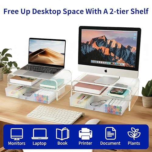 OPNICE Acrylic Clear Desk Organizers and Accessories, 2-Tier Computer Monitor Stand Riser with Drawer, Laptop Stand, Office Desk Accessories for Office Supplies, Transparent thumbnail 4