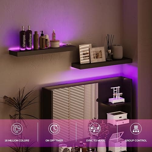 BAMEOS Floating Shelves with LED for Wall, Sturdy Shelves with RGB Light, Wall Mounted Display Shelves, Set of 2, Hanging Shelf for Bathroom, Bedroom, Kitchen, Living Room Storage, Black thumbnail 3