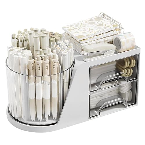 SZDPC Desk Organizer with Rotating Pencil Pen Holder and 2 Small Drawers, Desk Caddy for Office Workspace Organization and Storage (White) - Image 1