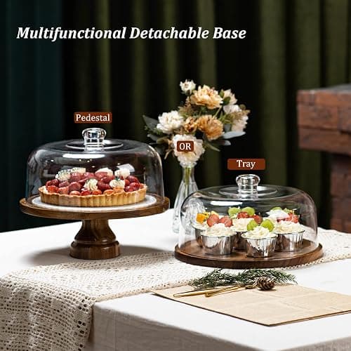 ANBOXIT Cake Stand with Dome Lid, Acacia Wood Cake Plate with Cover, Wooden Cake Display Stand with Acrylic Dome - Footed thumbnail 4