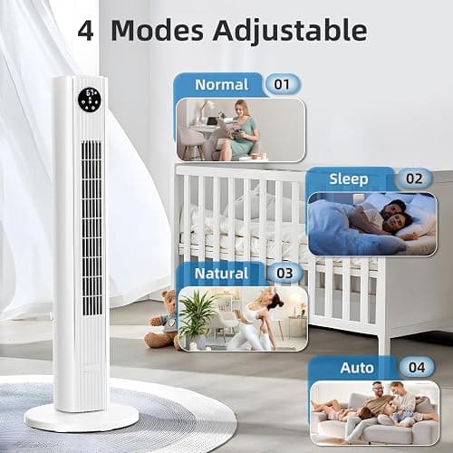 Antarctic Star Tower Fan for Bedroom 25ft/s Standing Fan 85° Oscillating Fan with Remote, 3 Speeds, 4 Modes, 12H Timer, Portable Bladeless Floor Fan for Indoors/Home/Office, WHITE thumbnail 5