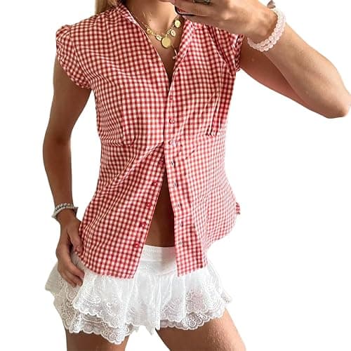 Womens Button Up Shirt Short Sleeve Y2k Cute Slim Fit Going Out Summer Lapel Shirts Blouse Aesthetic Crop Tops - Image 1