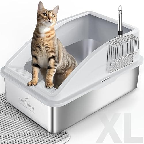 Stainless Steel Litter Box | XL Enclosed Cat Litter Boxes with Lid for Big Cats | High Sided, Anti-Urine Leakage | Non-Stick Bottom & Includes Litter Mat & Metal Scoop - Image 1