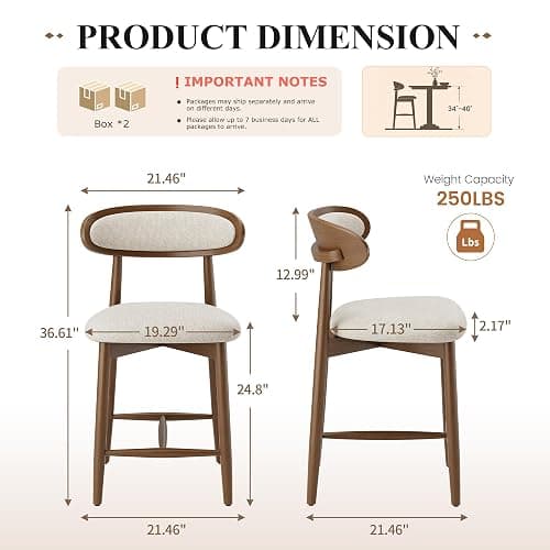 smartue Wooden Barstools Set of 3, Upholstered Counter Height Chairs, 24.8” Counter Height Stools with Ergonomic Backrest & Premium Fabric, Beige thumbnail 2