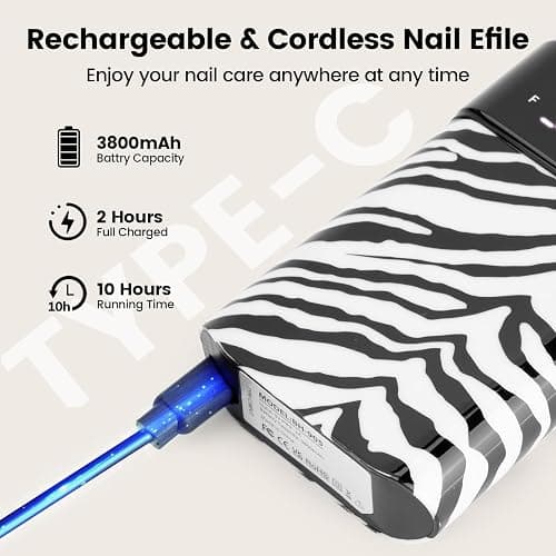 Lavinda 35000RPM Electric Nail Drill, Cordless Nail Drill Machine Portable Rechargeable Nail Efile for Acrylic Gel Nails, Manicure Pedicure Polishing Shaping Tool for Salon Home Use-Zebra Pattern thumbnail 3