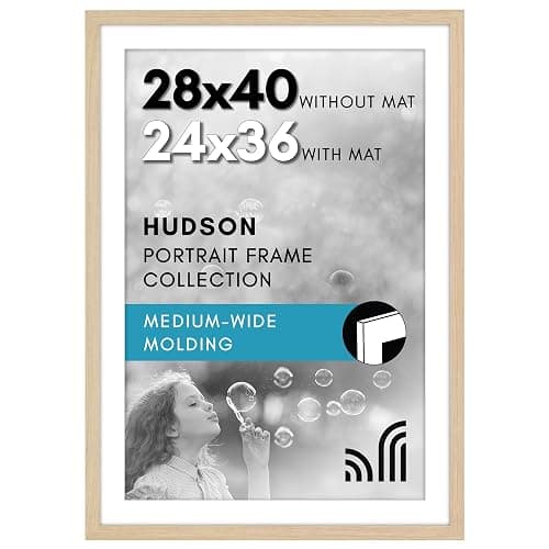 Americanflat 28x40 Poster Frame with Polished Plexiglass - Use as 24x36 Frame with Mat or 28x40 Frame Without Mat - Hudson Collection - Wide Picture Frame for Wall Display - Natural Oak - Natural Oak - 28x40 - Image 1