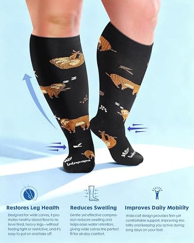 Lalapapa Wide Calf Compression Socks for Women - 3-Pair Plus Size 20-30mmHg Ankle Support Easy on off Socks for Travel Nurse thumbnail 5