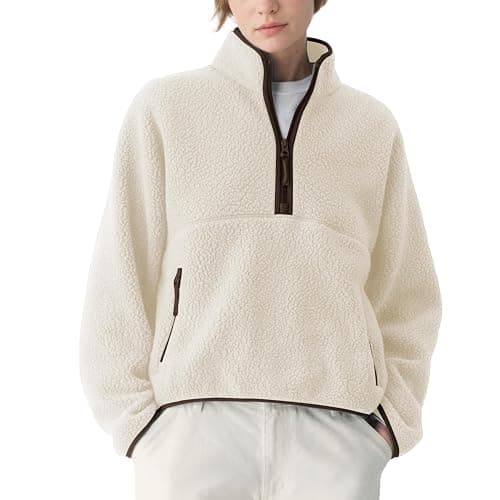 Keeliya Womens Fleece Sweatshirts Cropped Half Zip Fuzzy Warm Sherpa Pullover Varsity Jackets with Zipper Pockets thumbnail 2