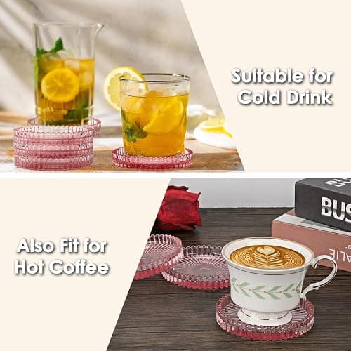OGANAZI Modern Clear Pink Glass Coasters Set of 5 - Crystal Coasters for Drinks, Round, 4 Inch, Dishwasher Safe thumbnail 5