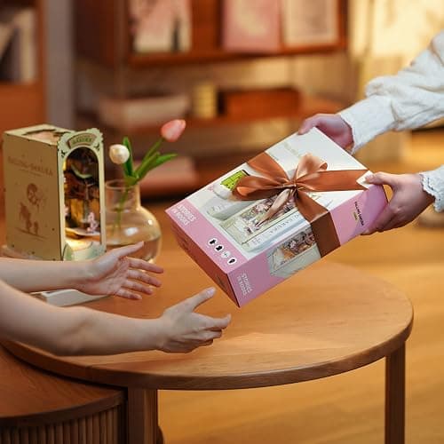 Rowood Book Nook Kits for Adults,3D Wooden Puzzle Bookend,Bookshelf Decor Insert Alley,DIY Miniature Booknook Model Craft Kits for Adults,Gifts with LED on Birthday Christmas(Falling Sakura) thumbnail 4