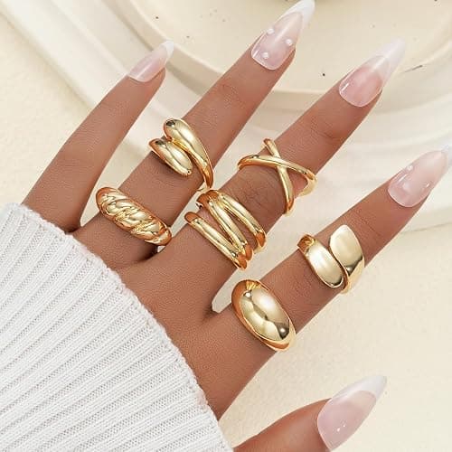 YEEZII Chunky Gold Rings for Women Non Tarnish, 18K Gold Plated Stackable Thumb Ring, Statement Women Rings Set thumbnail 4
