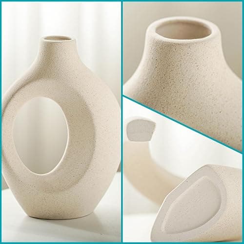 Lvases Snuggle Hollow Ceramic Vase Set of 2, Boho Home Decor for Tabletop | Modern Nordic Flower Vase for Pampas Grass, Decorative Coffee-Table Centerpiece for Living Room, 6.3 x 8.4 in, Milky White thumbnail 6