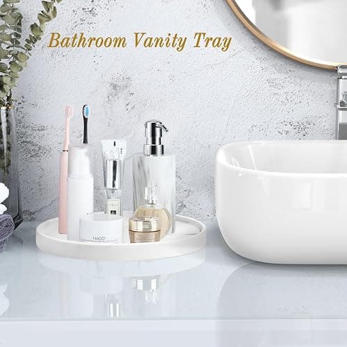Luxspire Round Vanity Tray, 10.63 Inch Bathroom Vanity Tray Resin Kitchen Sink Tray, Countertop Organizer Tray for Perfume Towel Dresser Jewelry Candle, Coffee Table Decorative Tray, Marble White thumbnail 2