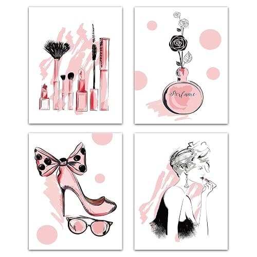 CREATCABIN 4pcs Mode Toile Mur Art Imprimer Affiche Ensemble Rose Talons Hauts Fleurs Parfum Maquillage Maison Mur Art Oeuvre Moderne pour Dressing Chambre Salle Bains Filles 8 x 10 Pouces - Image 1