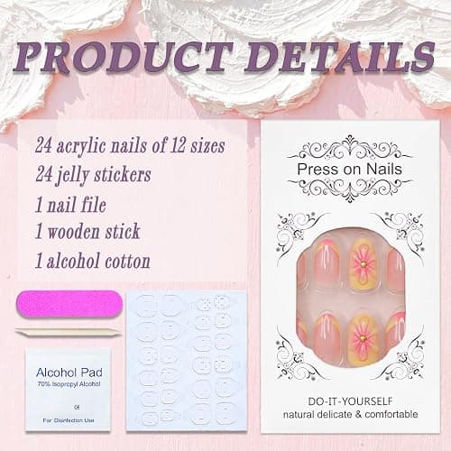 Press on Nails Short Almond SWEKKE French Tip Fake Nails False Nails with Designs 3D Flower Yellow & Pink Stick on Nails Glossy Glue on Nails Acrylic Nails for Women Girls 24 Pcs thumbnail 3