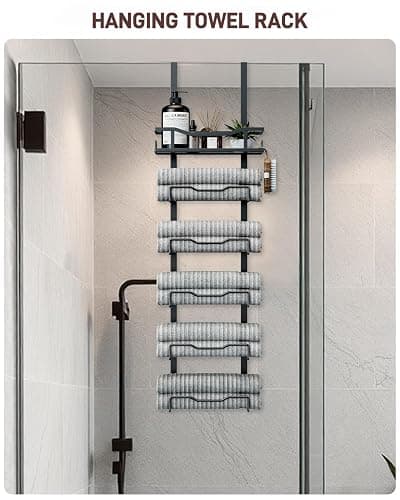 Aetyord Hanging Towel Racks for Bathroom No Drill - 6-Tier Over The Door Bath Towel Storage Organizer for Small Bathrooms - Tiered Back of Door Towel Holder Hanger for Rolled Towels RV Camper Black thumbnail 3
