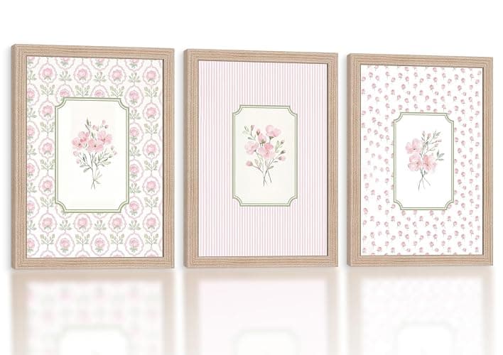 Pink Floral Canvas Wall Art Framed 3Pcs Cottage Home Decor 12x16 Inch | Ready to Hang Botanical Painting Prints Picture Poster Vintage Farmhouse Decor Living Room Bedroom Entryway Hallway Foyer - Image 1