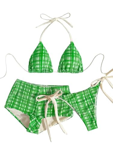 Verdusa Women's 3 Piece Swimsuits Gingham Halter Boyshort Bikini Set Boho Beach Outfits with Boyshorts - Image 1
