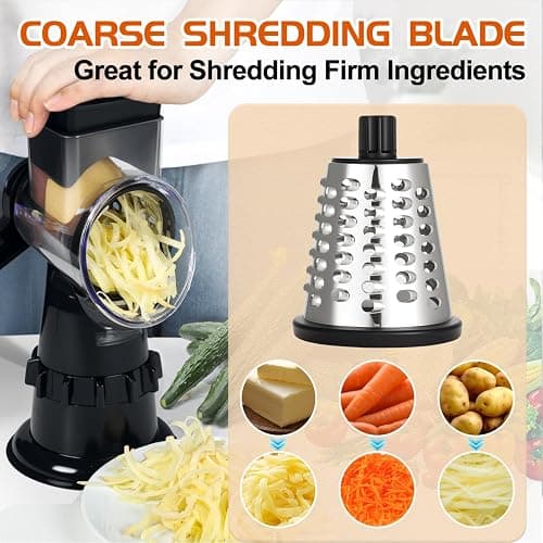 Rotary Cheese Grater Hand Crank, Vegetable Slicer with 3 Blades, Stable Suction, Labor-Saving Handle, Cheese Shredder for Potato Vegetables Nuts Chocolate, Black thumbnail 4