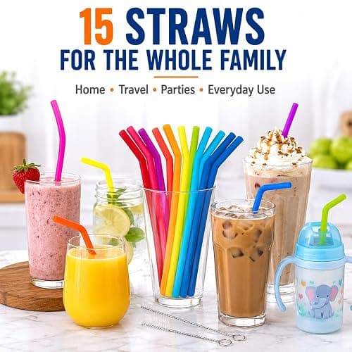 Reusable Silicone Straws for Tumblers, Smoothies & Kids Drinks – 15 Pack Flexible BPA-Free Drinking Straws with 2 Cleaning Brushes – Soft on Teeth & Lips – Fits 20oz & 30oz Tumblers thumbnail 2
