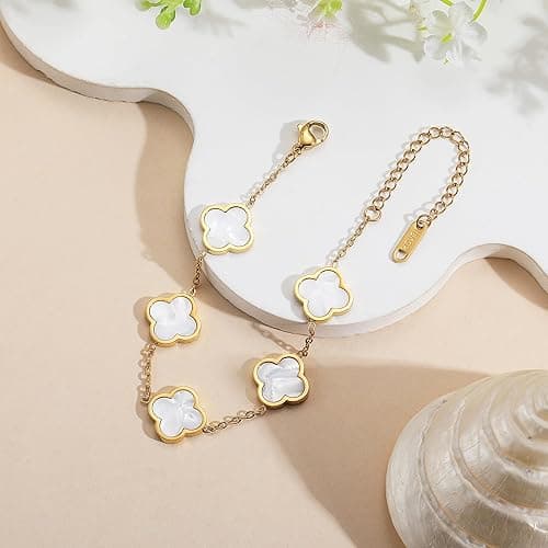 AIPPK 18K Gold Plated Clover Lucky Bracelet for Women White/Black/Red/Green Flower Four Leaf Link Bracelets Trendy Jewelry Gifts for Women thumbnail 6