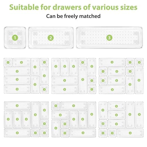 DESK | Amazon | 12 Piece Clear Drawer Organizer Set, 3 Sizes Bathroom Vanity Organizer Trays and Storage Bins for Makeup, Cosmetics, Jewelry, and Gadgets. Perfect for Office, Kitchen, Bedroom, Bathroom Use. thumbnail 7