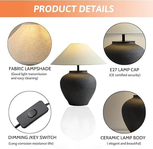 Farmhouse Table Lamps Black 18.8" Tall Ceramic Table Lamp Rustic Southwestern Clay Pot Ceramic Lampshade with Fabric Shade Bedside Nightstand for Living Room Bedroom House Office Entryway (Black) thumbnail 4