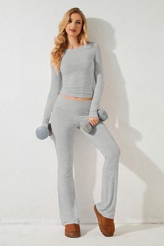 MISSACTIVER Women's Two Piece Outfit Basic Long Sleeve Crop Top and Low Rise Flare Pants Set Lounge 2 Piece Yoga Tracksuit thumbnail 2
