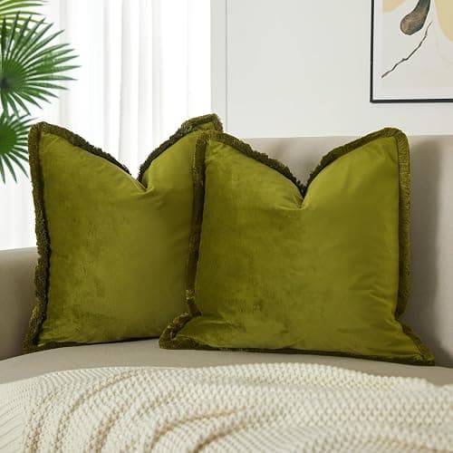 JUSPURBET Olive Green Decorative Velvet Fringe Throw Pillow Covers 18x18 Set of 2 Boho Soft Cushion Case for Home Decor Living Room Couch Sofa Bed - Image 1