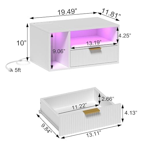 Veegle White Floating Nightstand with Charging Station and LED Lights,White thumbnail 2