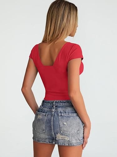 Trendy Queen Womens Summer V-Neck Backless Cute Tops Short Sleeve Sexy Slim Fit T-Shirts Y2K Clothes Corset Cami 2025 thumbnail 5