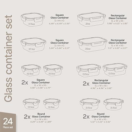 Bakken Borosilicate Glass Food Storage Containers with Lids 24 Pieces, BPA-Free Stackable Lunch & Leftover Containers, Microwave, Freezer & Dishwasher Safe, 100% Airtight Leak-Proof, Black thumbnail 2