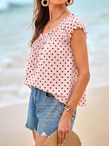 Tankaneo Women Summer Tie Front Tank Tops Cap Sleeve Pleated Babydoll Tops Casual Loose Fit Going Out Flowy Shirt thumbnail 3