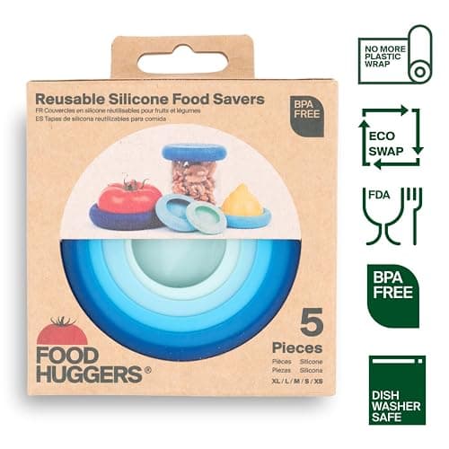 Food Huggers 5pc Reusable Silicone Food Savers | BPA Free & Dishwasher Safe | Fruit & Vegetable Produce Storage for Onion, Tomato, Lemon, Banana, Cans & More | Round, Ice Blue thumbnail 3