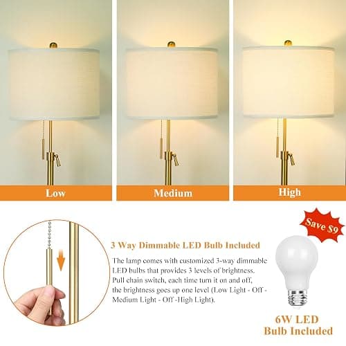 【Upgrade】 Gold Floor Lamps for Living Room, 55"-67" Height Adjustable Modern Standing Lamp with Marble Base, Pull Chain Switch, 3-Way Dimmable Tall Pole Lamp for Bedroom Office Reading, Bulb Included thumbnail 3