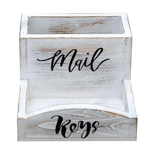 MyGift Shabby Whitewashed Solid Wood Mail Holder and Key Organizer Entryway Storage Tray with Cursive Mail and Keys Word Design, Office Desktop Organizing Bin thumbnail 6