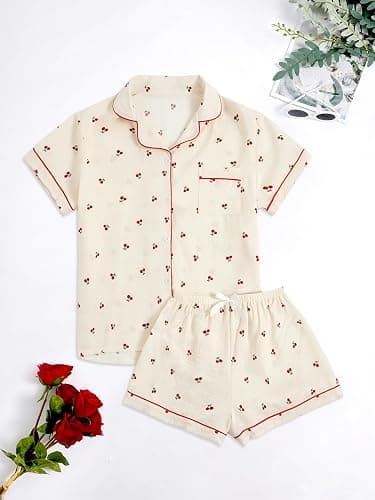 Verdusa Women's 2 Piece Pajama Sets Lightweight Fall Pajamas Cute Pj Set Button Shirt with Shorts Lounge Pjs thumbnail 2