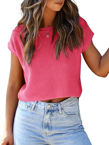 LCXWFE Womens Summer Cropped Sweater Vest Trendy Cap Sleeve Crop Tops Crew Neck Loose Knit Tank Top thumbnail 2
