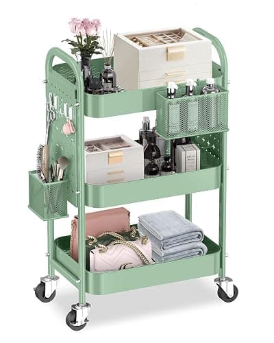 ALVOROG 3 Tier Rolling Cart with DIY Pegboards Metal Utility Cart with Wheels Handles Baskets Hooks, Storage Cart for Office Kitchen Bathroom(Green) - Green - Image 1